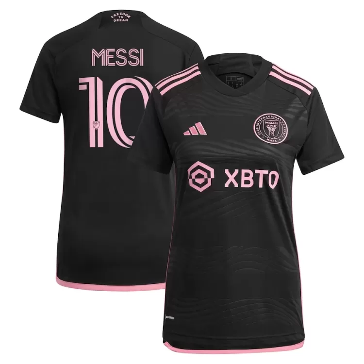Women's Lionel Messi Jersey in Black with Pink Lettering by Adidas