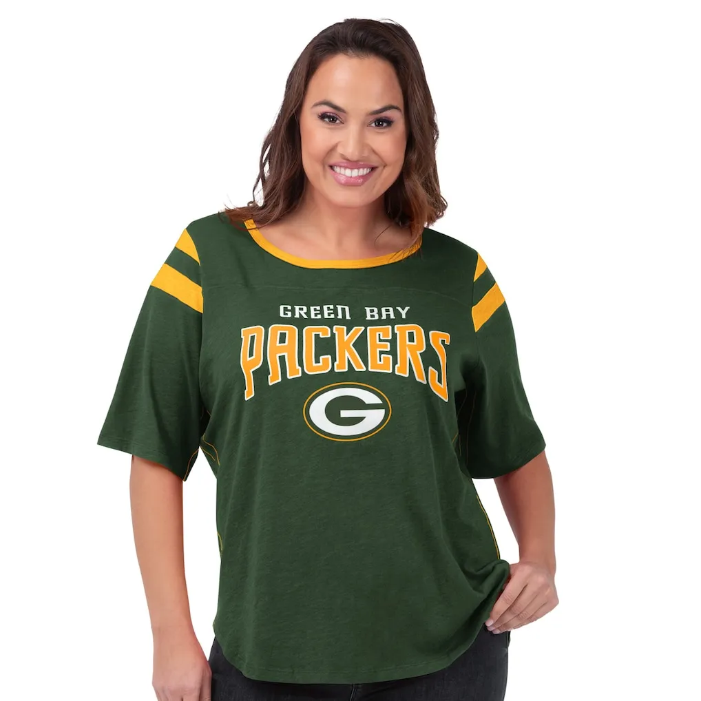 Women's Green Bay Packers Plus Size Shirts with Logo and Team Name in Green and Gold