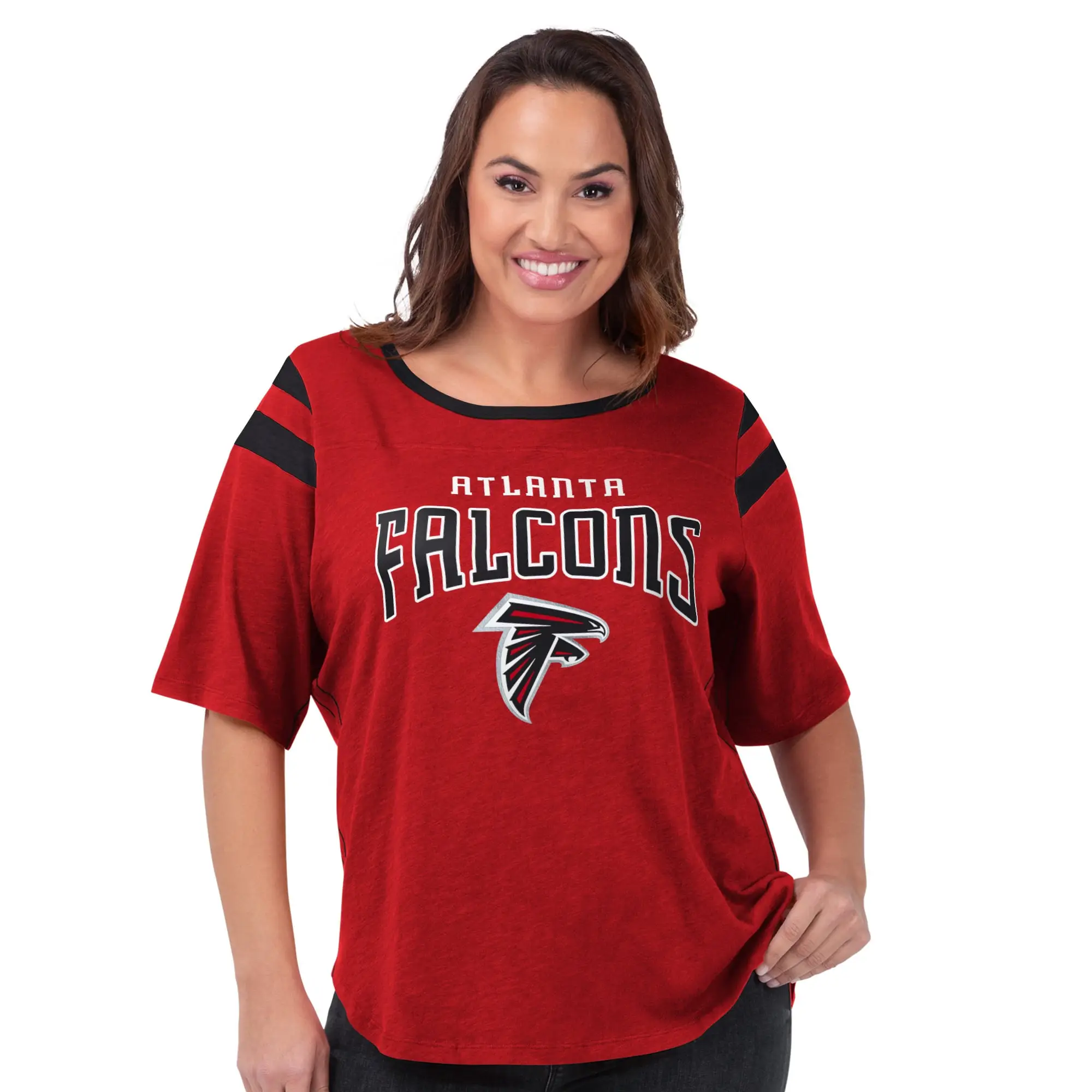 Red plus size Atlanta Falcons tee shirt with logo.